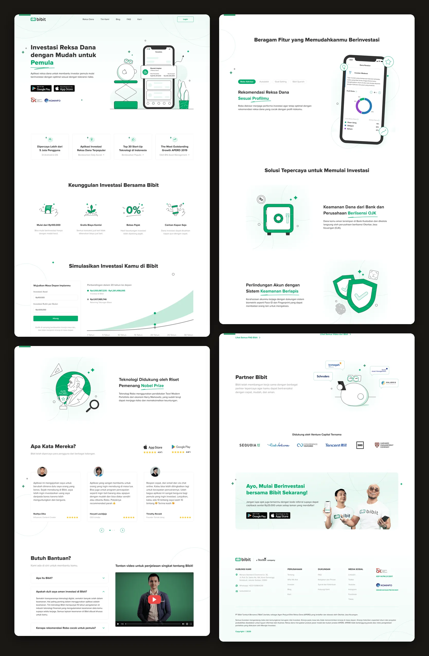 The revised landing page laid out as four panels: a beginner-focused hero with the value props and investment simulation, the robo-advisor and OJK-licensed trust block, Nobel-research framing with testimonials and an FAQ, and the partners and closing call to action.