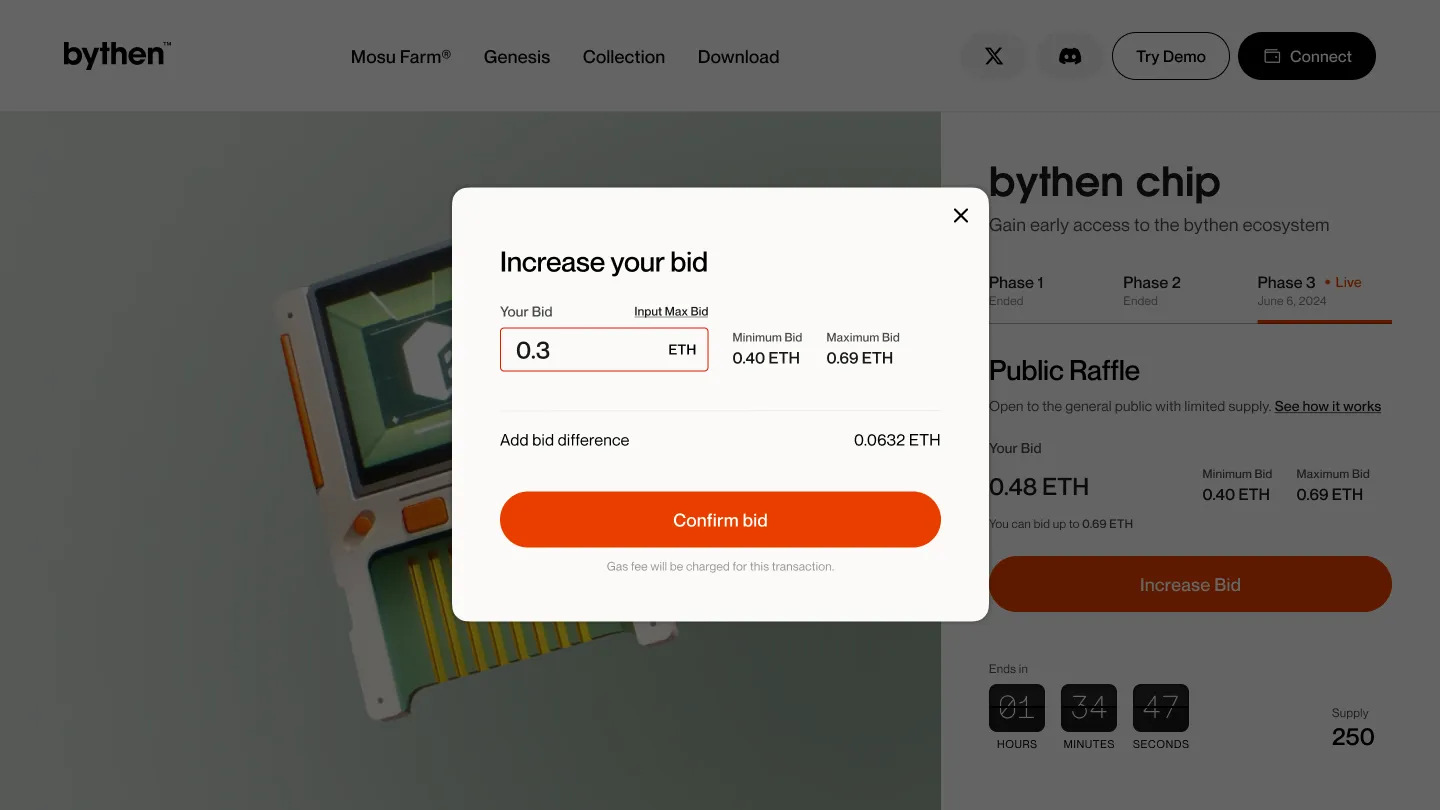 Increase-bid modal: a confirmation moment before another on-chain commitment.